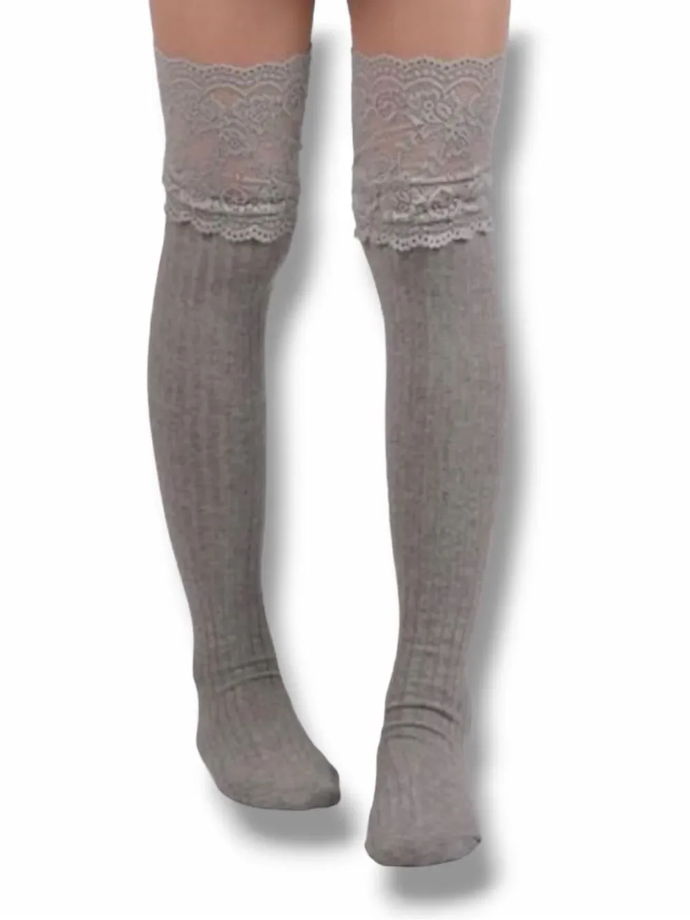 Gray Rib Knit Cotton Lace Top Over Knee Socks